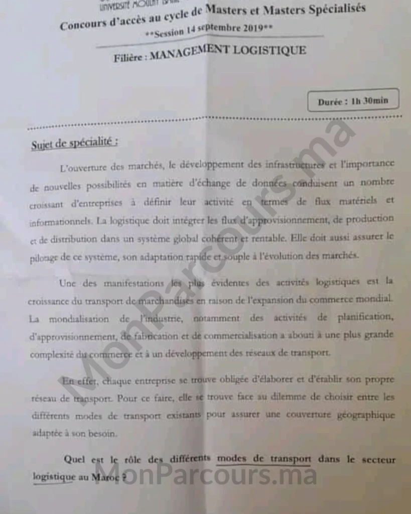 Exemple Concours Master Management Logistique FSJES Meknès 2019/2020 2 Exemple Concours Master Management Logistique FSJES Meknès 2019/2020