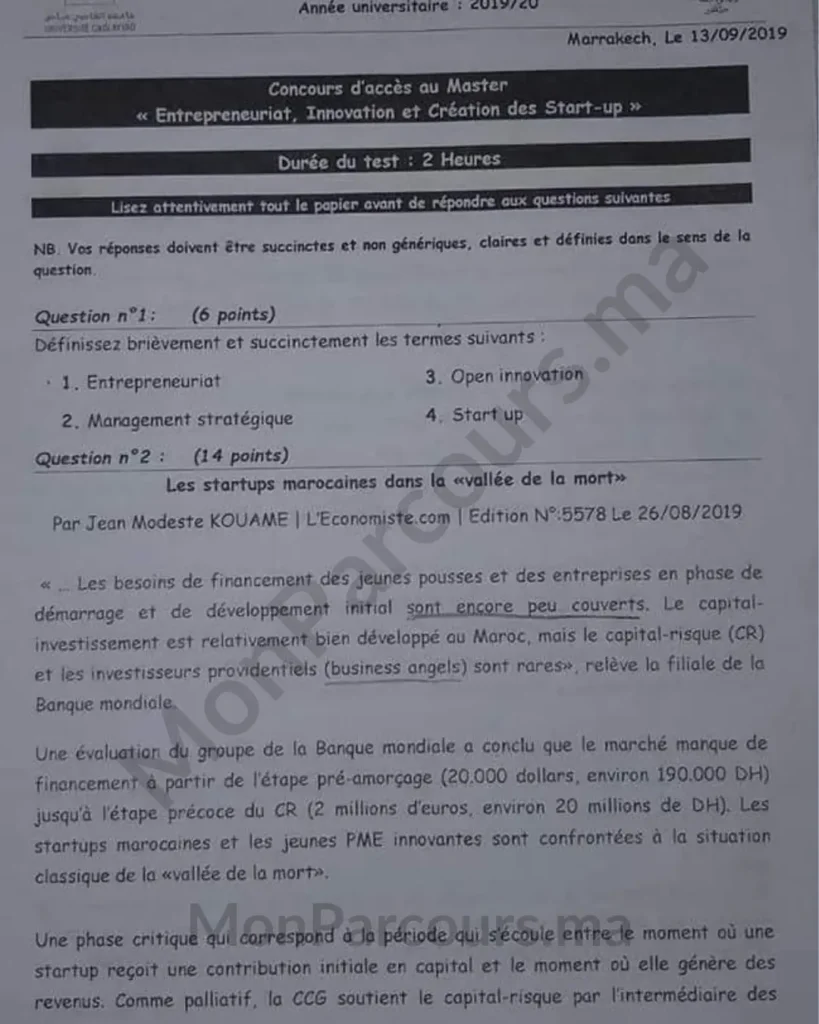 Exemple Concours Master Entrepreneuriat, innovation et création des Start up FSJES Marrakech 2019/2020 1 Exemple Concours Master Entrepreneuriat, innovation et création des Start up FSJES Marrakech 2019/2020