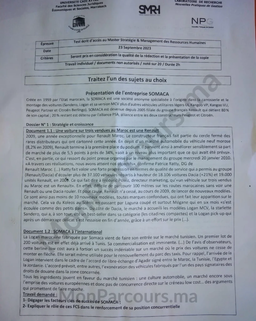 Exemple Concours Master SMRH FSJES Marrakech 2023/2024 1 Exemple Concours Master SMRH FSJES Marrakech 2023/2024