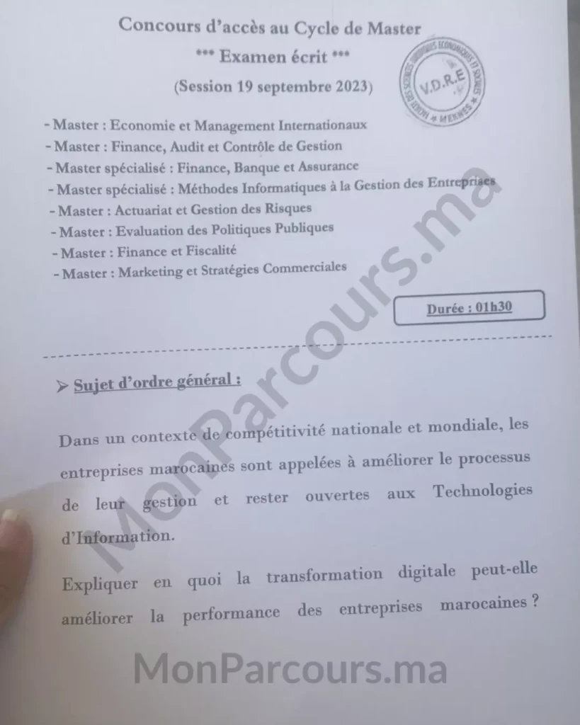 Exemple Concours Master Marketing et Stratégies Commerciales MSC FSJES Meknès 2023/2024 1 Exemple Concours Master Marketing et Stratégies Commerciales MSC FSJES Meknès 2023/2024