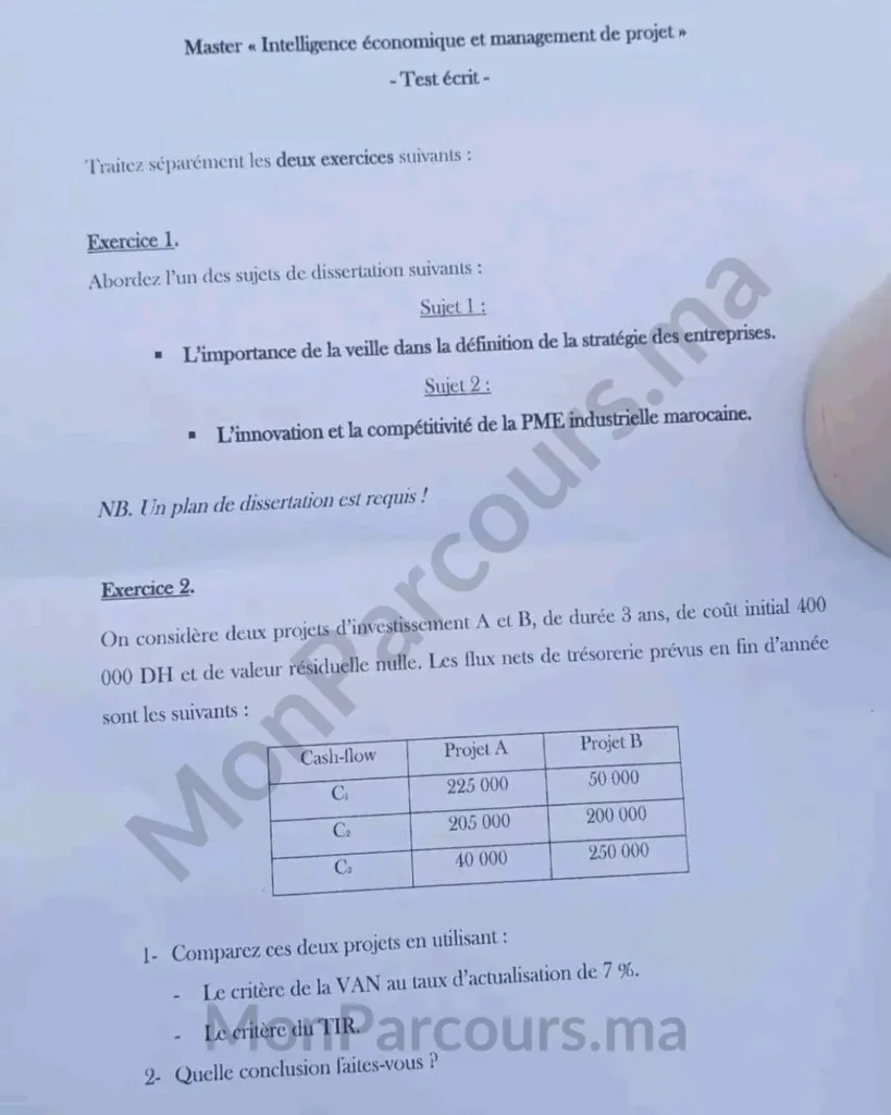 Exemple Concours Master Intelligence Economique et Management de Projet FSJES Salé 2019/2020