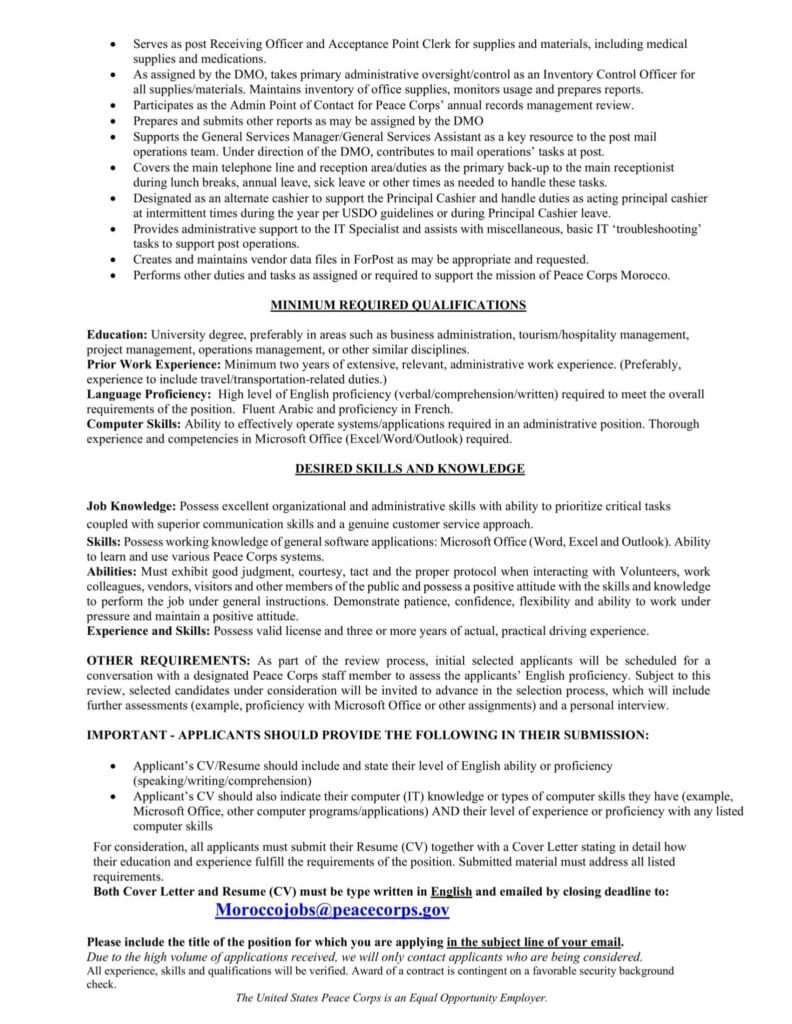 Peace Corps recrute des Assistants Administratifs Salaire 16181DH 2 Peace Corps recrute des Assistants Administratifs Salaire 16181DH